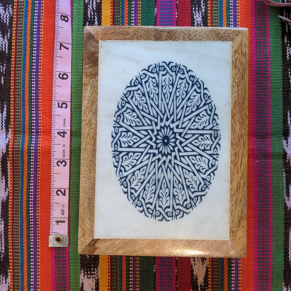 Light wooden box with white blue pattern stone lid jewelry home storage